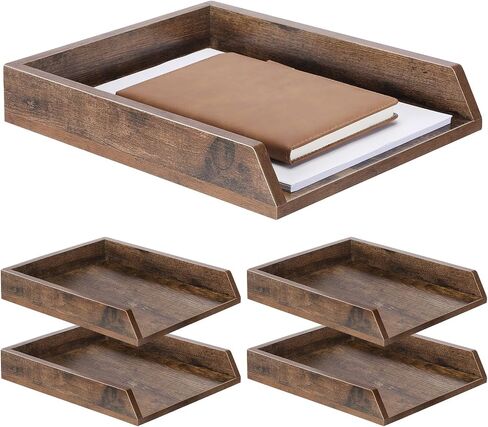 4 Pcs Wooden Letter Trays Wood Letter-Size Desk Organizer Heavy Duty 2 Tier Stackable Supports Paper Tray Desktop Drawer Organizer File Folder Magazine Office Accessories (Dark Wood) in Saudi Arabia