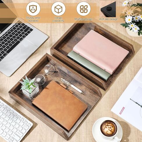 4 Pcs Wooden Letter Trays Wood Letter-Size Desk Organizer Heavy Duty 2 Tier Stackable Supports Paper Tray Desktop Drawer Organizer File Folder Magazine Office Accessories (Dark Wood) in Saudi Arabia