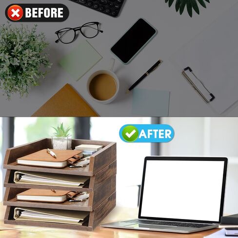 4 Pcs Wooden Letter Trays Wood Letter-Size Desk Organizer Heavy Duty 2 Tier Stackable Supports Paper Tray Desktop Drawer Organizer File Folder Magazine Office Accessories (Dark Wood) in Saudi Arabia