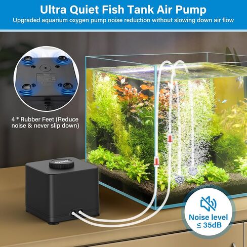 hygger Aquarium Air Pump, Quiet Adjustable Fish Tank Air Pump, 4W/7W/11W Powerful Oxygen Aerator Dual Stainless Steel Outlets with Air Stone Bubbler for Small Medium Large Fish Tank, Hydroponic in Kuwait