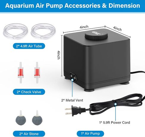 hygger Aquarium Air Pump, Quiet Adjustable Fish Tank Air Pump, 4W/7W/11W Powerful Oxygen Aerator Dual Stainless Steel Outlets with Air Stone Bubbler for Small Medium Large Fish Tank, Hydroponic in Kuwait