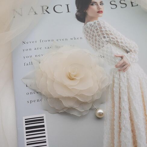 Abt 10 CM Flower Pin Brooch By NhanDo Handmade ? Jasmine Floral Brooch Pin, Handmade Gift With Lovely Box, Gift for her, Gift For Mom, Bridesmaid gift, Anniversary Gift (CREAM WHITE Chiffon) in Kuwait