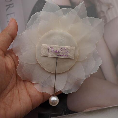 Abt 10 CM Flower Pin Brooch By NhanDo Handmade ? Jasmine Floral Brooch Pin, Handmade Gift With Lovely Box, Gift for her, Gift For Mom, Bridesmaid gift, Anniversary Gift (CREAM WHITE Chiffon) in Kuwait