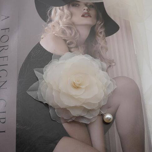 Abt 10 CM Flower Pin Brooch By NhanDo Handmade ? Jasmine Floral Brooch Pin, Handmade Gift With Lovely Box, Gift for her, Gift For Mom, Bridesmaid gift, Anniversary Gift (CREAM WHITE Chiffon) in Kuwait