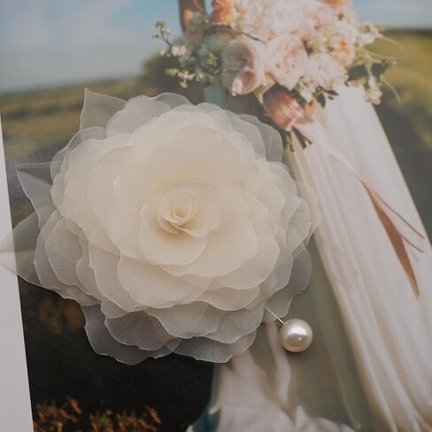 Abt 10 CM Flower Pin Brooch By NhanDo Handmade ? Jasmine Floral Brooch Pin, Handmade Gift With Lovely Box, Gift for her, Gift For Mom, Bridesmaid gift, Anniversary Gift (CREAM WHITE Chiffon) in Kuwait