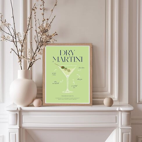 Monem Art Dry Martini Recipe Poster - Retro Cocktail Print - Dry Martini Art - Alcohol Art - Bartender Art - Food & Drink Art - Chic Boho Art - Great Bar or Kitchen Decor, 11x14 Beige Framed in Kuwait