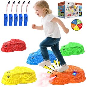 Mist Spraying, Dino Roaring & Light up Stepping Stones for Kids; Durable Non-Slip Sensory Dinosaur Balance Stones with 5 Rechargeable Batteries; Indoor & Outdoor Toy Gift for Kids Ages 3+ and Toddlers
