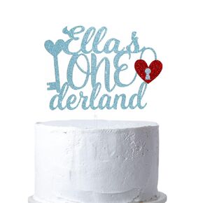Personalized Alice in Wonderland Cake Topper - Onederland 1st Birthday Girl Alice in Wonderland Party Decorations - Gold Glitter Alice in Onederland 1st Birthday Girl (Blue)
