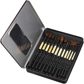 HBJWOV Many Types Nylon Hair of Painting Brush Iron Box Artist Paint Brushes Set for Watercolor Oil Acrylic Gouache Painting 12 Pcs