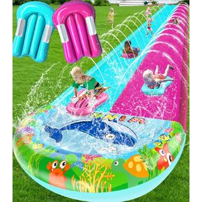 33FT Slip Lawn Water Slide for Kids Adults, Extra-Long Double Lanes Heavy Duty Slides & Side Fences, Giant Water Slide with Splash Pool, 2 Inflatable Bodyboards, Slip Backyard Summer Water Play Toy
