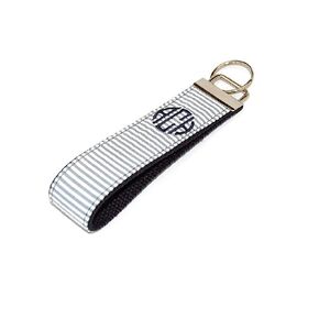 Monogrammed Gray Seersucker on Navy Keychain Key Fob