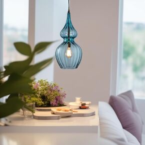 Ornamenta Modern Prendant Light Thursure | مصباح زجاجي أزرق مصنوع يدويًا | إضاءة قلادة زخرفية لجزيرة المطبخ وغرفة النوم والمدخل | معلقة إضاءة السقف المباراة | قابل للتخصيص