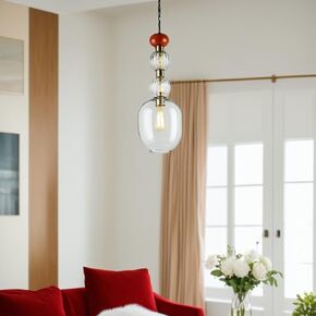 Ornamenta Hand-Blown Glass Pendant Light Fixture - Modern Handmade Chandelier, Adjustable Hanging Light with Clear Glass Shade, Brass Accents & Red Details - Ideal for Living Room, Kitchen Island