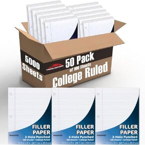 50 Pack College Ruled Reinforced Loose Leaf Binder Paper College Ruled Bulk 3 Hole Punched Filler Paper, 100 Sheets / 200 Double-Sided Pages Per Pack