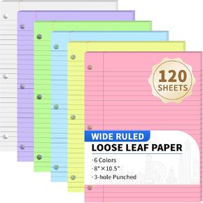 120 Sheets Loose Leaf Binder Paper, 6-Color Wide Ruled Lined Paper, 8" x 10.5", 3-Hole Punched Notebook Paper Writing Paper for School Office