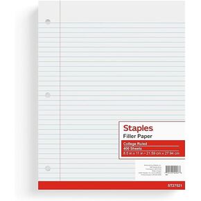 Staples College Ruled Filler Paper, 8.5" x 11", White, Pack of 400 Sheets (ST27521)