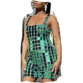 FURINFASHION GO-03 New Arrivals Sexy Backless Dress For Women Shiny Acrylic Sequin Hollow Out See Through Short Evening Dresses Party Show Wear (3XL, Green)