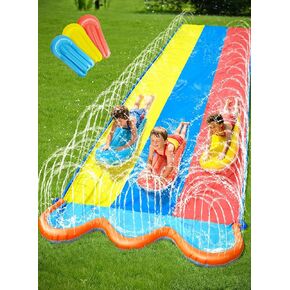 Triple Water Slide with 3 BodyBoards, Lawn Water Splash Slide Backyard Toy, Fun Splash Pad with TripleSide Sprinkler for Kids Adults, Backyard Summer Water Toy