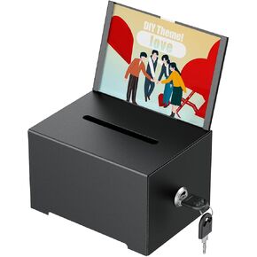 Uniclife Metal Donation Box for Fundraising, Suggestion Box with Slot and Lock, Black Ballot Boxes with Sign Holder, Storage Container for Voting Charity Tip Collection, 6.4" x 4.7" x 4"