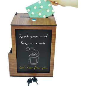 Wooden suggestion box with lock and blackboard for voting, suggestions, and prompts, suitable for churches, cafes, restaurants, and offices
