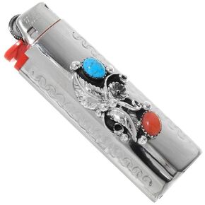 Navajo Silver Lighter Case Sleeping Beauty Turquoise Coral 0005