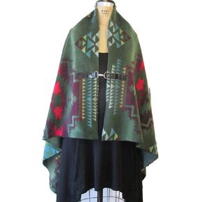 Native Western Style Ruana Poncho Cape Green Aztec print Style