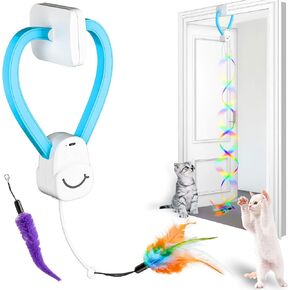 Interactive Cat Toys for Indoor Cats,Automatic Hanging Door Clip Ribbon Cat Toy,Kitten Play Chase Exercise Feather Toys with 2 Rainbow Ribbons