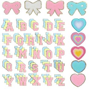 87 Pcs Chenille on Patches for Clothing Letter Self Adhesive Cute Colorful Love Heart Bow Patches for Jeans Embroidered Applique (Novel Style)