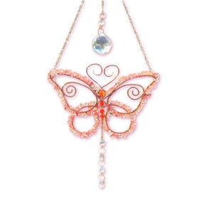 Handmade Cherry Quartz Butterfly Suncatcher – Pure Copper Frame with Clear Quartz & Rainbow K9 Crystal Prisms, Indoor/Outdoor Hanging Decor