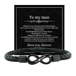 To My Man, Personalized Dual Name Infinity Leather Bracelet, Personalized Custom Name Stainless Steel Braided Bracelet for Men/Women, for Xmas, Birthday, Anniversary