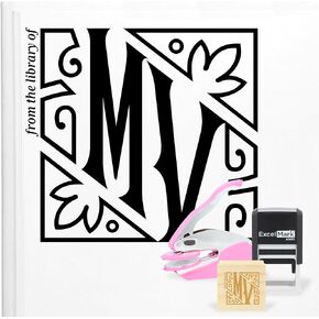 ExcelMark Personalized Book Stamp - Ex Libris Wood Stamp, Self-Inking or Embosser (Wildflower, Round)