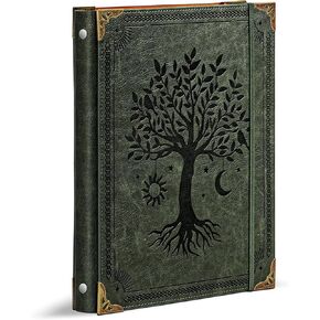 Leather 3 Ring Binder Fits 8.5"x11" Letter Size Paper, 1 Inch Round Ring Binder Holds 200 Sheets, Notebook Cover Loose Leaf Organizer, Green Tree