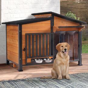 Heavy Duty Chew-Proof Dog House for Small Medium Dogs - Weatherproof Outdoor Kennel with Removable Roof, PVC Door Flap & Elevated Base (Wood, L)