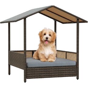LEMBERI Outdoor Rattan Dog House with Canopy, Indoor Dog Bed for Small/Medium Dogs with Removable Cushion, Washable Cover, Dog Shelter for Patio, Deck, Yard, Pool, Brown