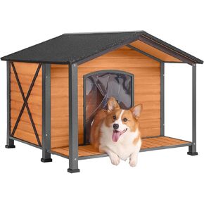 Dog House Outdoor with Anti-Chewing Metal Frame Large Wooden Dog Kennel Outside with Overhang Roof Large Porch Weatherproof