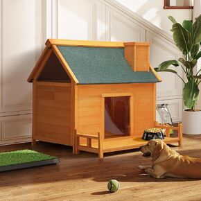 Wooden Dog House, Indoor Outdoor Pet Shelter with Platform, PVC Curtain, Door, Asphalt Roof, Pet House for Small to Medium Sized Dogs, Orange