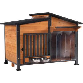 GUTINNEEN Dog House Outdoor Dog Kennel with Chew-Proof Metal Frame, Rotating Food Bowl, PVC Door Curtain, Weatherproof for Small Medium Dogs, 39.7" L x 25.5" W x 32.2" H (Dark Brown)