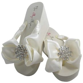 Jeweled Satin Bow Bridal Flip Flops, Ivory or White Wedge & Flats