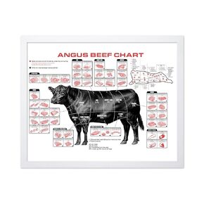 Monem Art Vintage Cooking Poster - Retro Illustration Print - Gift for Chef, Butcher - Angus Beef Chart, Meat Cuts, Cow, Rib, Flank - Wall Decor for Kitchen, Restaurant, 11x14 Beige Framed
