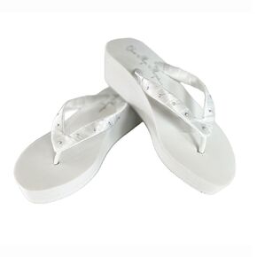 White or Ivory Crystal Rhinestone Accent Wedge Flip Flops, 2 Inch Heel with Satin Ribbon, Wedding Bridal Sandals