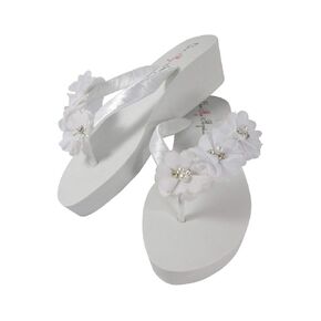 White Flip Flops Silver with Pearl Flower Accents, Wedding