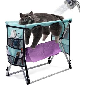 Cat Grooming Hammock & Pet Bathing Table - Anti-Scratch Foldable Design with 3 Safety Straps, 4 Leg Holes, 2 Tool Pockets - Supports Up to 15 lbs, Portable for Nail Trimming, Drying, Grooming