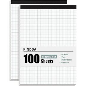 Graph Paper Notebook, 2 Pack, 8.5 x 11 Grid Paper, 4x4 Graph Ruled, 50 Sheets per Pad, Easy-Tear Perforations, 8.5 x 11 Cardboard Backing, for Math, Drafting, Drawing, Engineering