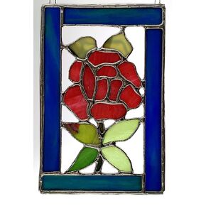 Handmade Stained Glass Deep Red Rose with Green Leaves and Stem set into Blue and Green Glass Frame