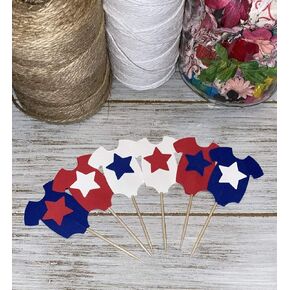 24 Oneie Cupcake Toppers - Phemsuit with Stars Picks - Gender تكشف عن استحمام الطفل باللونين الأحمر والأبيض - ديكورات حفلة عيد ميلاد وطنية