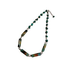 Multi Color Agate & Malachite Necklace, Rustic Gemstone Copper Link Necklace