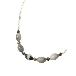 Genuine Grey Anhydrite & White Freshwater Pearl Bib Necklace, Beaded Natural Gemstone