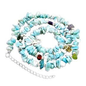 Multi Gemstone Raw Beads Silver Necklace, Elegant Blue Larimar Necklace, Genuine Gemstone Unique Necklace