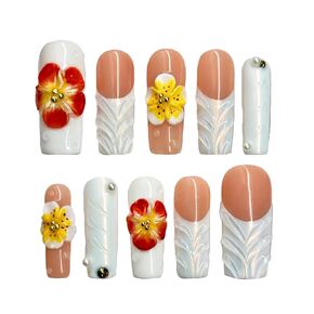 VANILLA BLOOM - Handmade Press on nails, Long Short Press Nails Tips Full Cover 10Pcs VANILLA BLOOM Press on Nails Fake Nails 3D Easy Wear