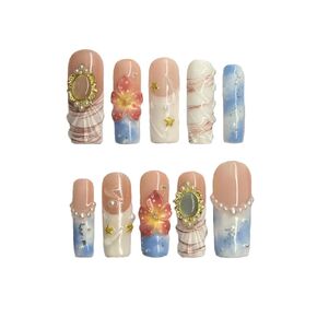 PISCES - Handmade Press on nails, Long Short Press Nails Tips Full Cover 10Pcs PISCES Press on Nails Fake Nails 3D Easy Wear